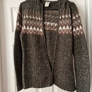 Ladies knit cardigan with hood.  Zip up. Rei brand.  Size large